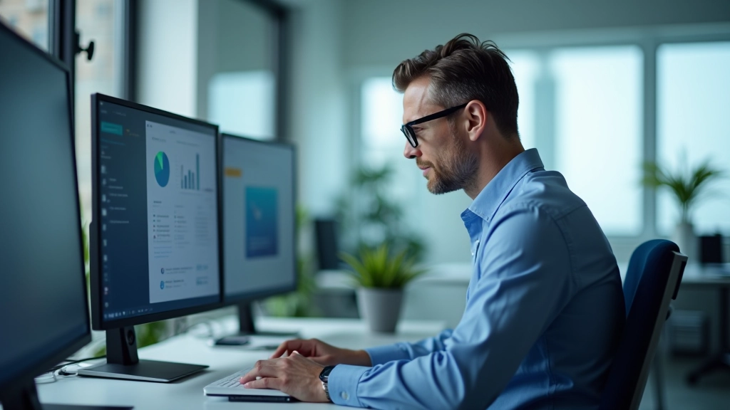 Statistiker analysieren KfW Mittelstandspanel Daten auf mehreren Monitoren in modernem Büro