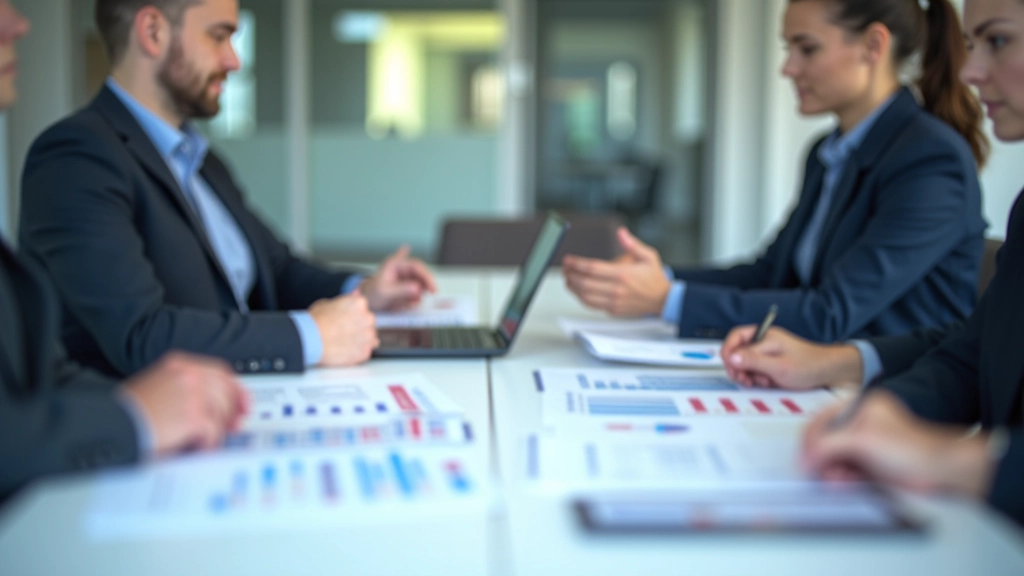 Geschäftsleute diskutieren Finanzdaten und Unternehmenskennzahlen an einem Konferenztisch
