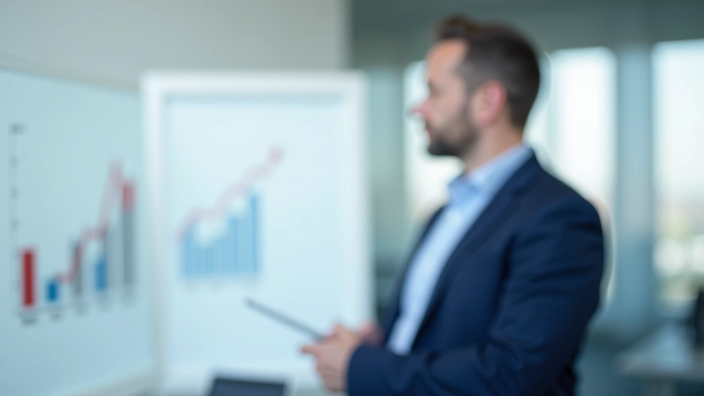 Geschäftsmann präsentiert Umsatzwachstumsdaten auf Whiteboard mit Diagrammen und Pfeil nach oben