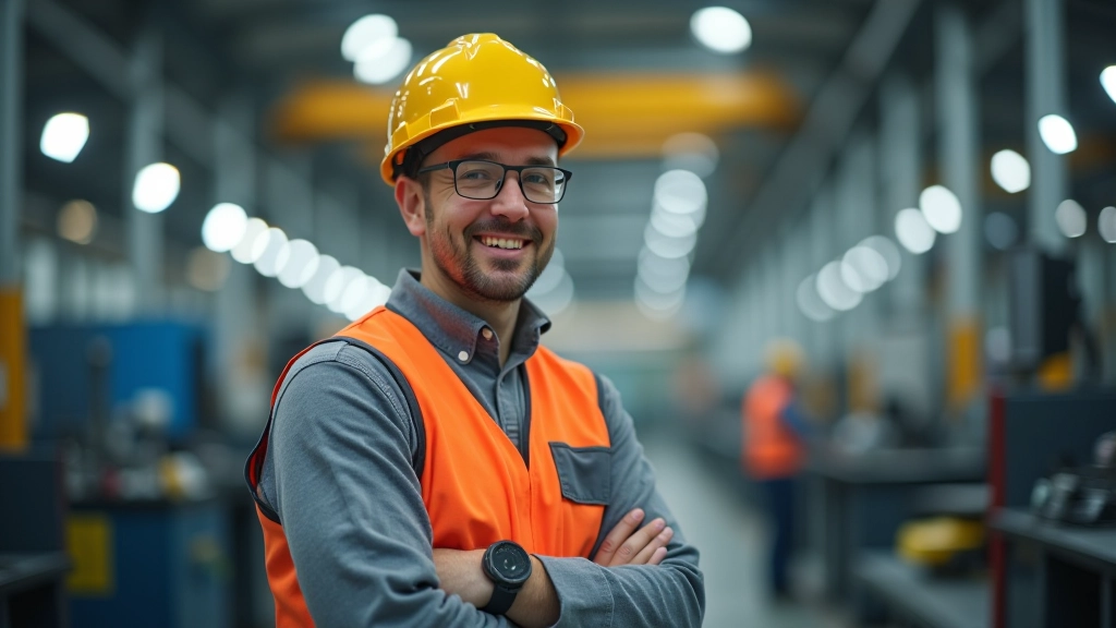 Fabrikarbeiter und Ingenieur inspizieren Fertigungsanlage in moderner Produktionsstätte