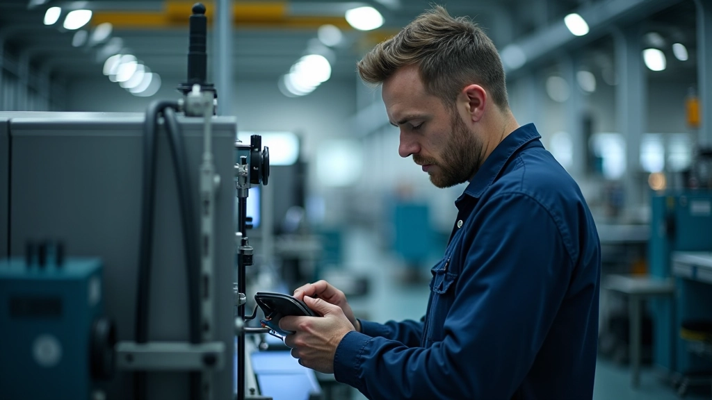 Techniker arbeitet an moderner Fertigungsanlage in einem mittelständischen Produktionsbetrieb