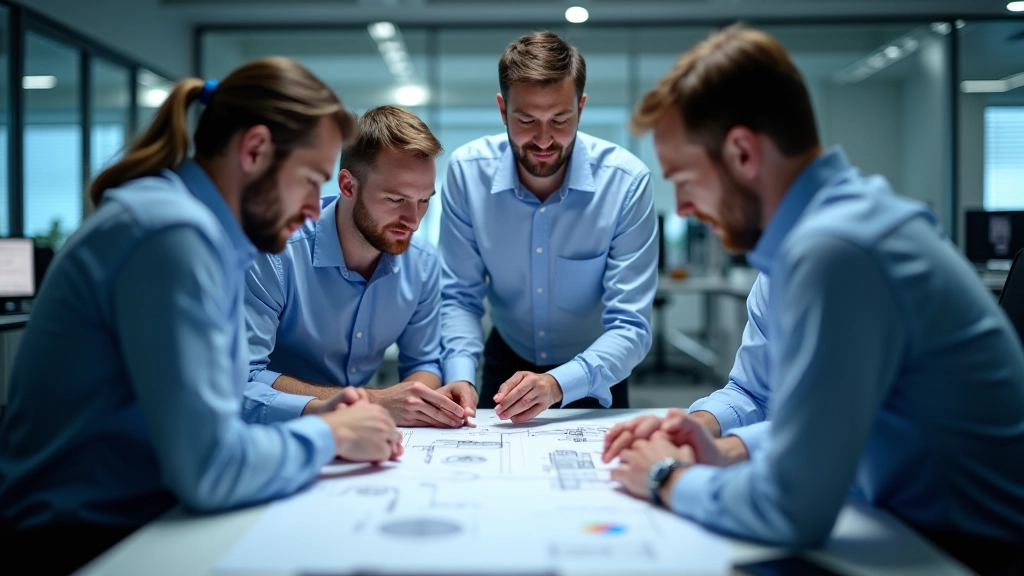 Mittelständische Ingenieure besprechen innovative Produktentwicklung in modernem Forschungslabor mit CAD-Systemen