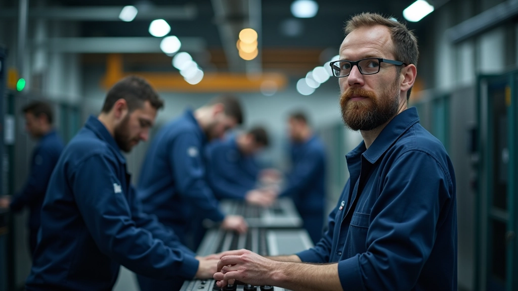 Werkstatt mit Arbeitern an Präzisionswerkzeugen und moderner Industrieausstattung