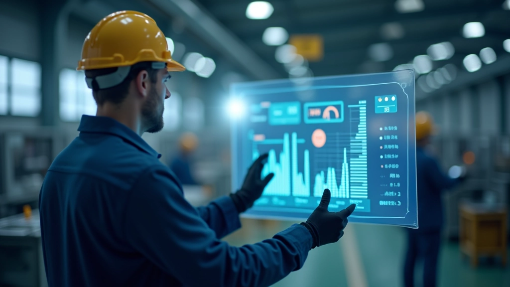 Industriearbeiter überprüft Produktionsmetriken auf digitalem Dashboard in moderner Fabrik