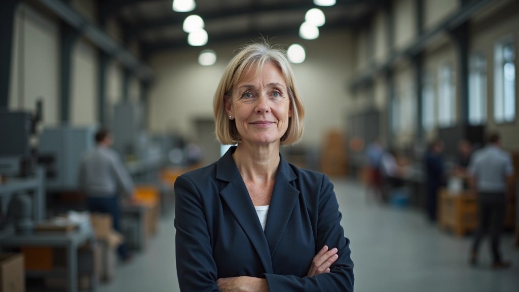 Unternehmerin mittleren Alters steht vor ihrem Betrieb und überlegt die Unternehmensnachfolge