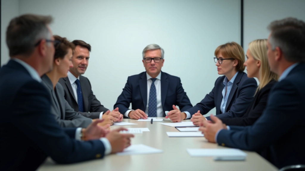 Vorstandssitzung mit älteren und jüngeren Führungskräften diskutiert Unternehmensstrategie und Nachfolgeplanung