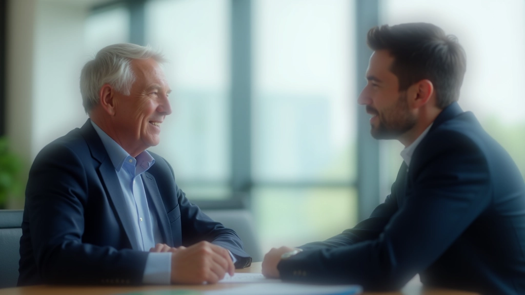 Zwei Generationen von Unternehmern in Diskussion im modernen Büro mit Fensterblick