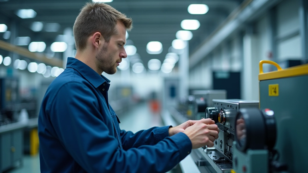 Techniker überprüft Maschineneinstellungen in einer modernen Produktionshalle mit hoher Technologieausstattung